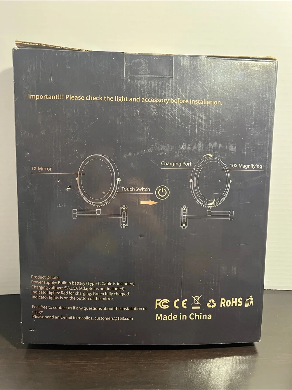 13” Rocollos Rechargeable Wall Mount LED Mirror - Black